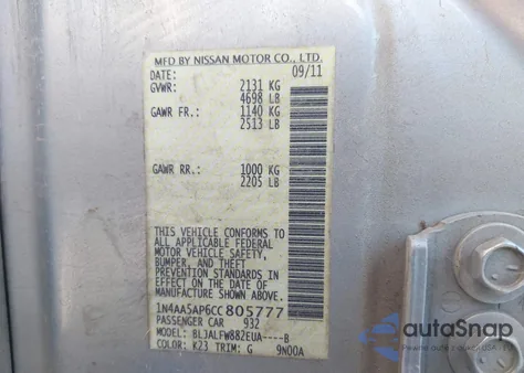 2012 Nissan Maxima 3.5 Sv from USA, damaged, VIN 1N4AA5AP6CC805777